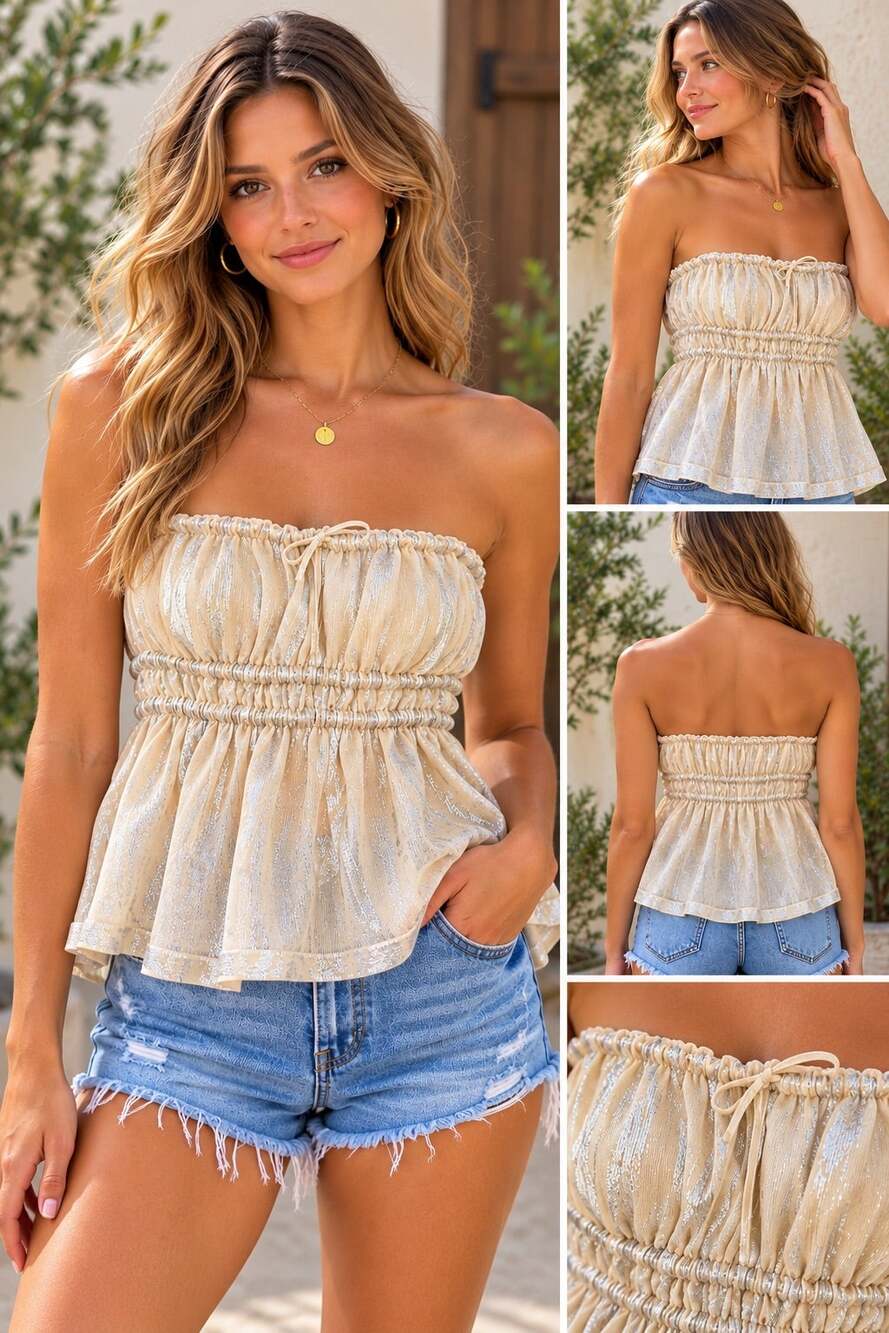 Anthropologie Metallic Champagne Strapless Peplum Top XS Smocked Shimmer Boho